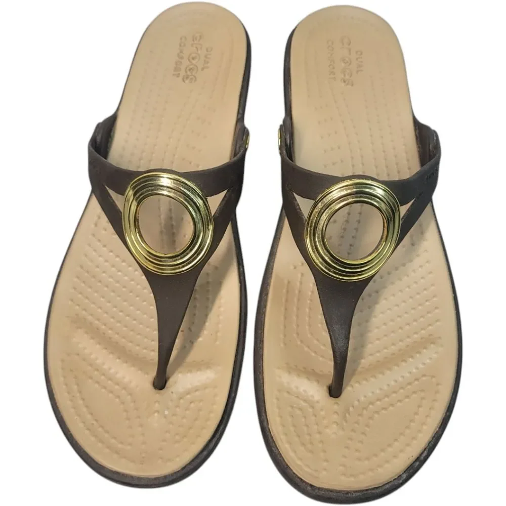 Crocs Sanrah Brown Thong Flip Flop Wedge Sandals Shoes Women's 11